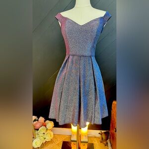 DJ-JAZ Iridescent Metallic Glitter Off-The- Shoulder Fit & Flare Dress w/POCKETS